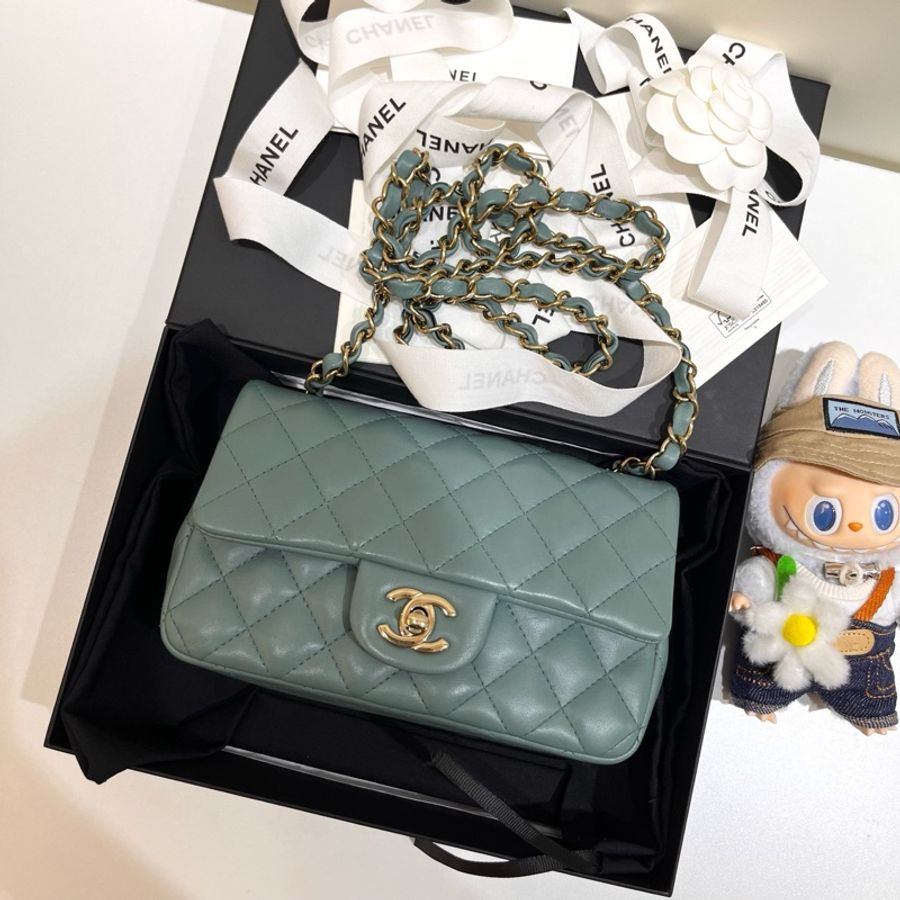 Chanel 藍綠色金扣羊皮CF大mini鏈條包 單肩斜挎包 芯片款-1