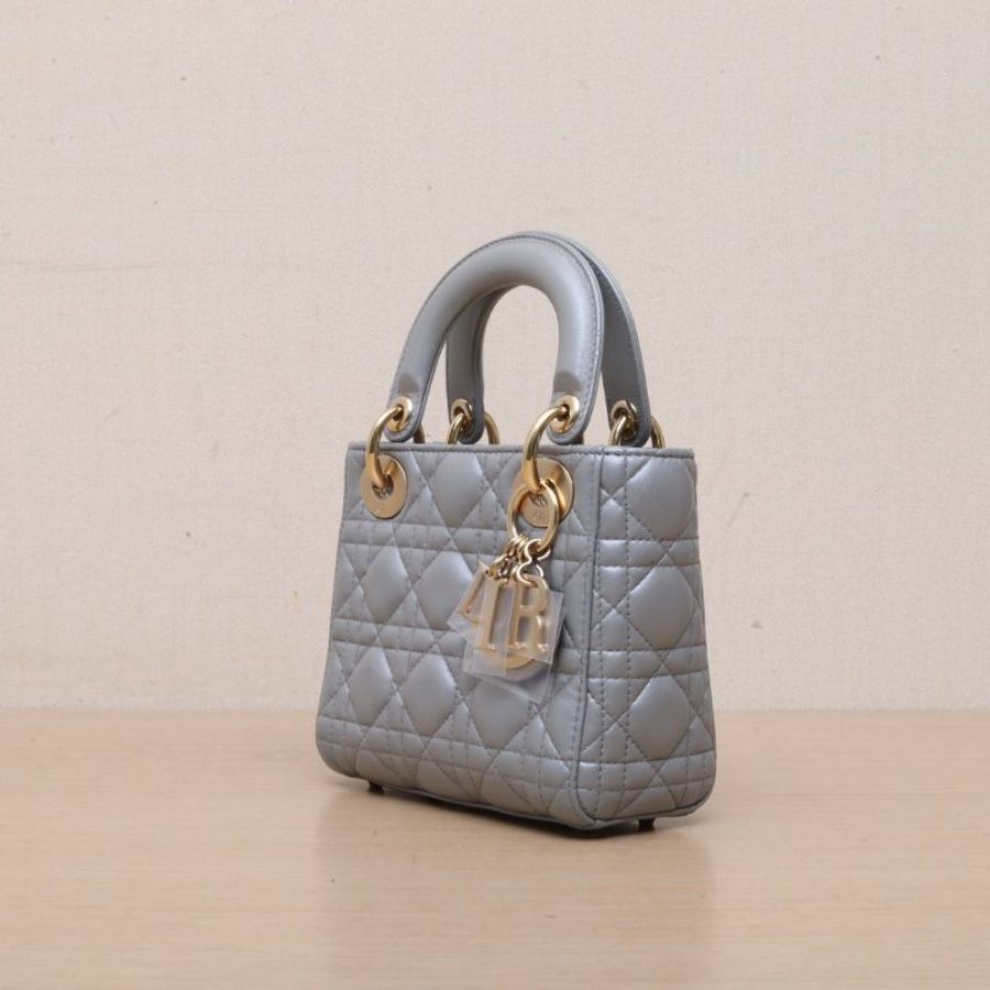 DIOR Lady戴妃包三格灰色羊皮金扣2014肩背包-4