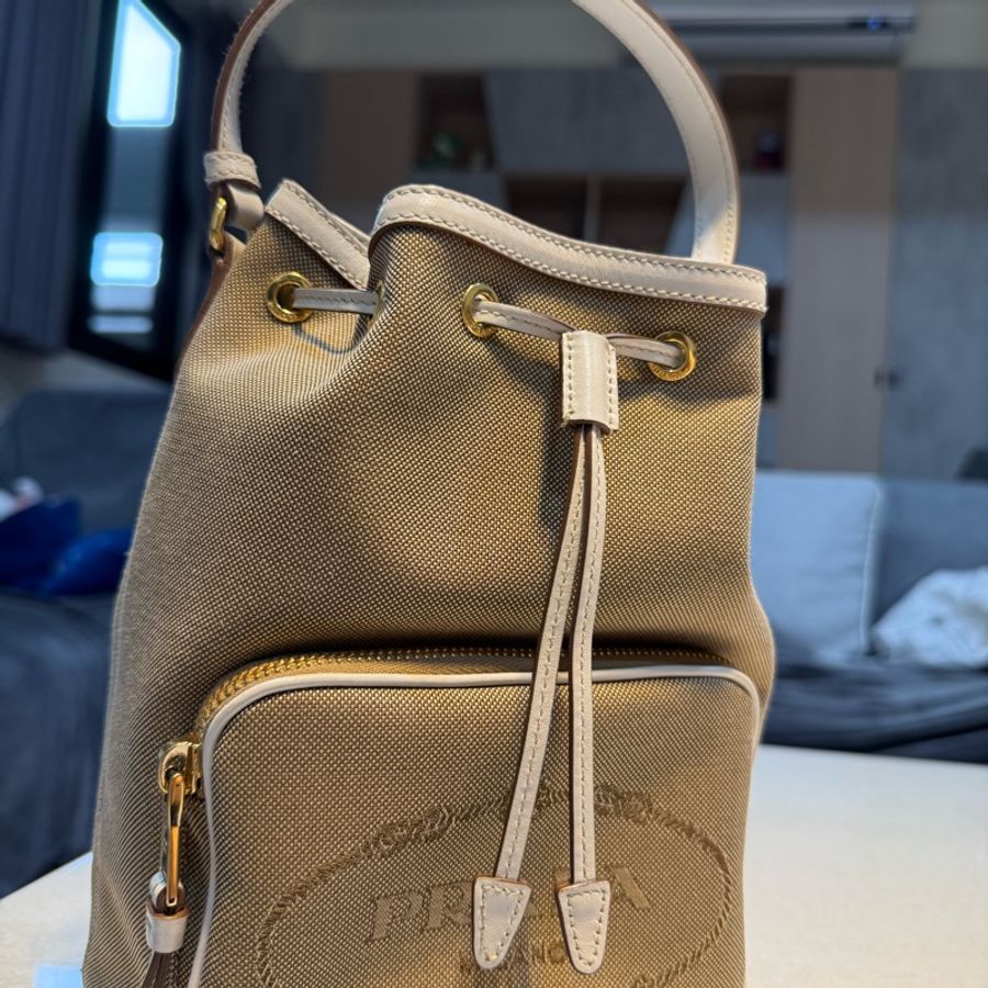 Prada 刺繡Logo帆布拼皮革 手提斜背兩用(白色/卡其色)-0