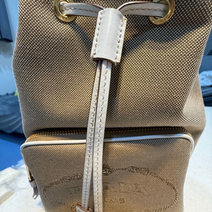 Prada 刺繡Logo帆布拼皮革 手提斜背兩用(白色/卡其色)-1