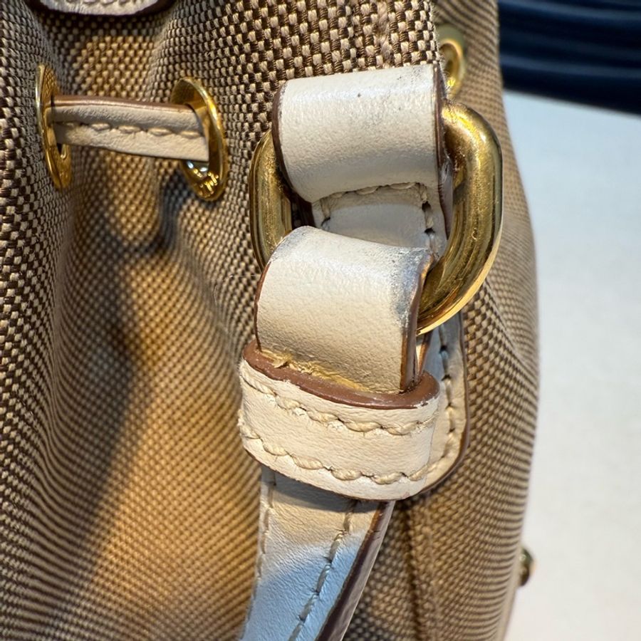Prada 刺繡Logo帆布拼皮革 手提斜背兩用(白色/卡其色)-8