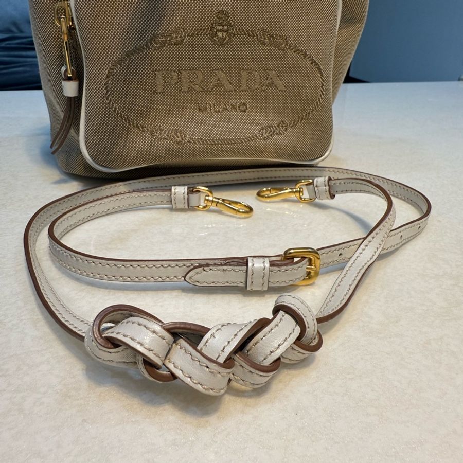 Prada 刺繡Logo帆布拼皮革 手提斜背兩用(白色/卡其色)-20