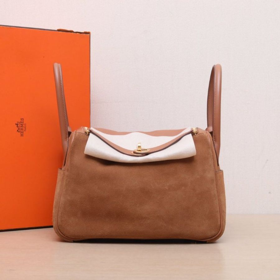 HERMES Lindy2637金棕色Swift皮/麂皮Z刻金扣肩背包-0