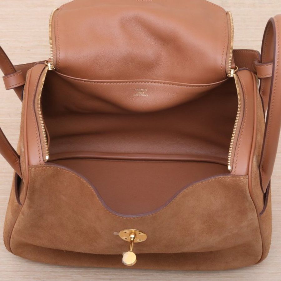 HERMES Lindy2637金棕色Swift皮/麂皮Z刻金扣肩背包-2
