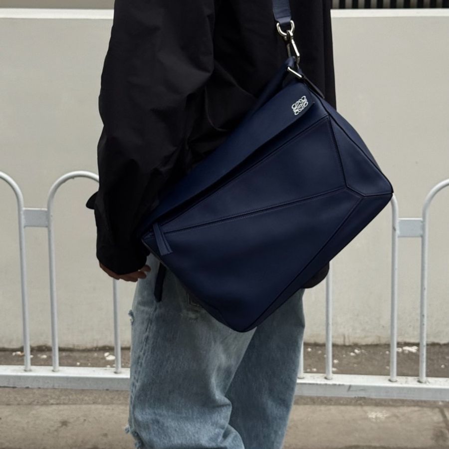 羅威LOEWE藏藍色牛皮銀釦Puzzle幾何拼接大號手提單肩斜背包B510S19X13 💙-3