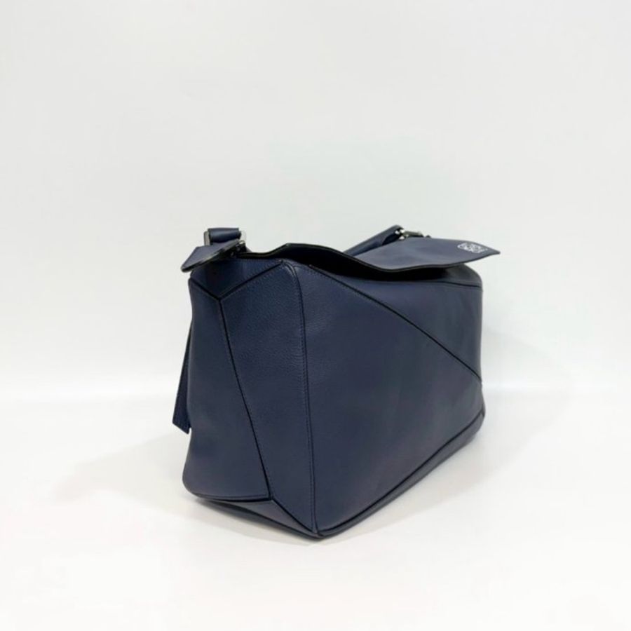 羅威LOEWE藏藍色牛皮銀釦Puzzle幾何拼接大號手提單肩斜背包B510S19X13 💙-13