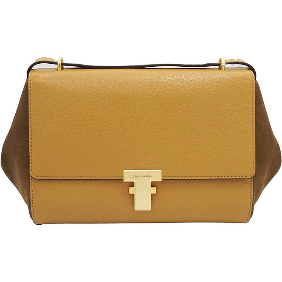 【TORY BURCH】拼接皮革翻蓋斜背包-棕色-4