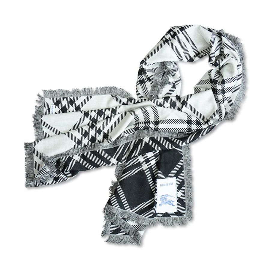 Burberry 寬版格紋羊毛絲質圍巾(8110162-黑白)-0