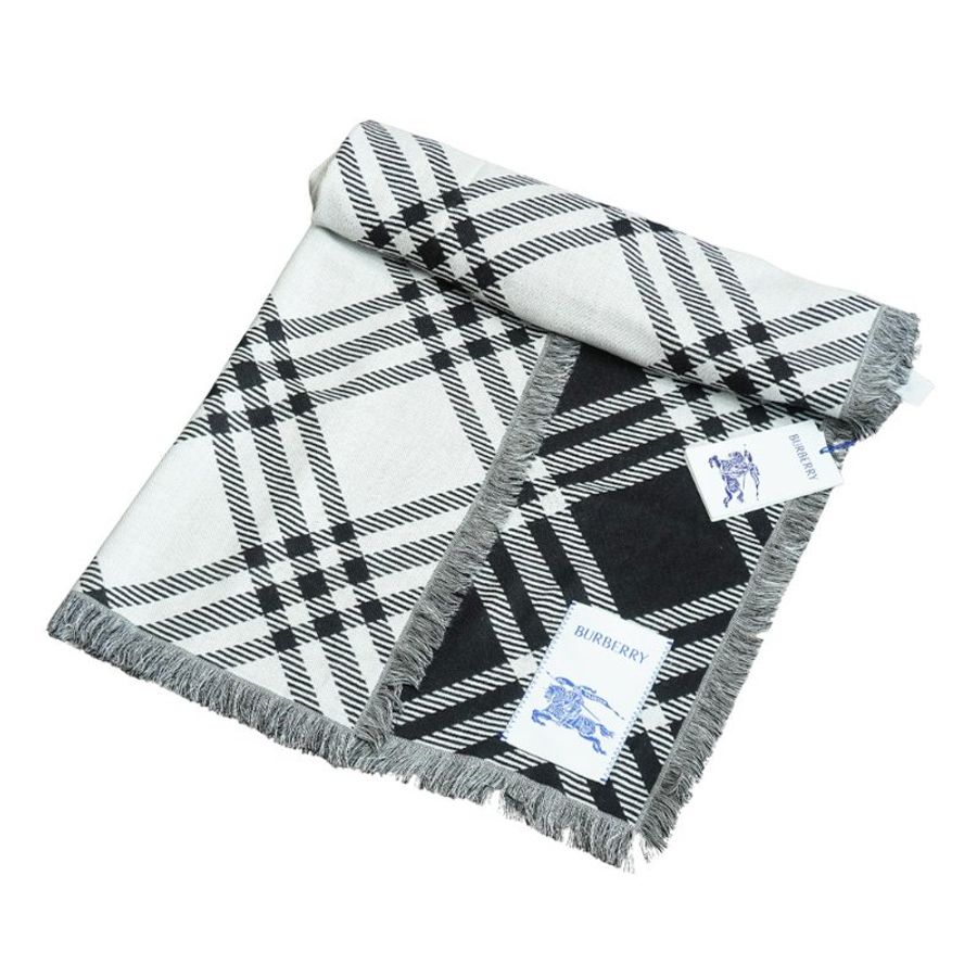 Burberry 寬版格紋羊毛絲質圍巾(8110162-黑白)-1