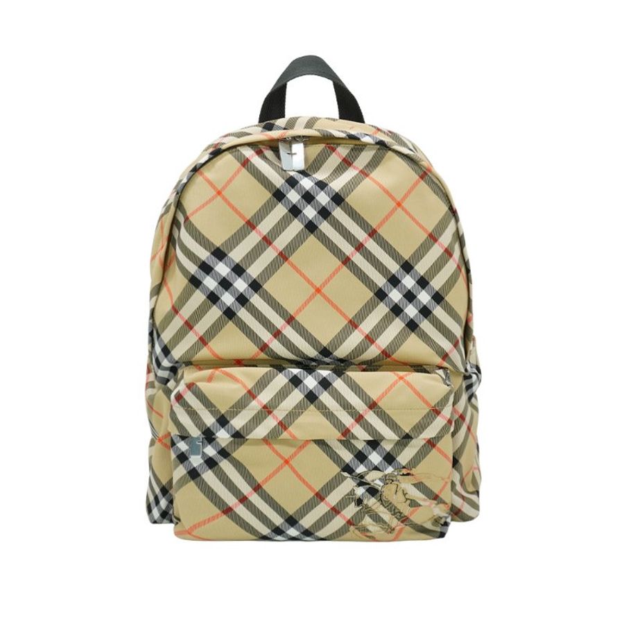Burberry Vintage 格紋戰馬印花帆布拉鍊雙肩後背包(8091312-米)-0