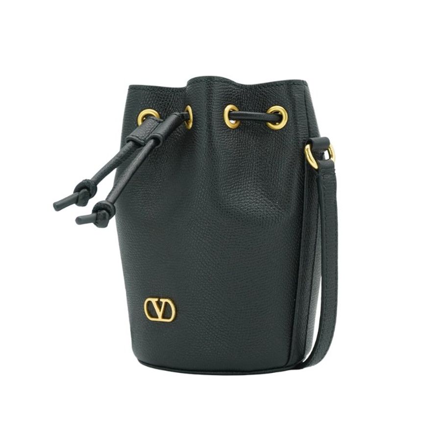 Valentino Garavani 金logo牛皮斜背水桶二用包(黑)-1