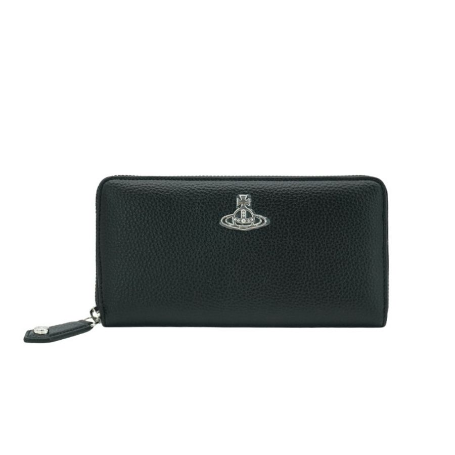 Vivienne Westwood 星球銀logo荔枝皮面拉鍊長夾(黑)-0