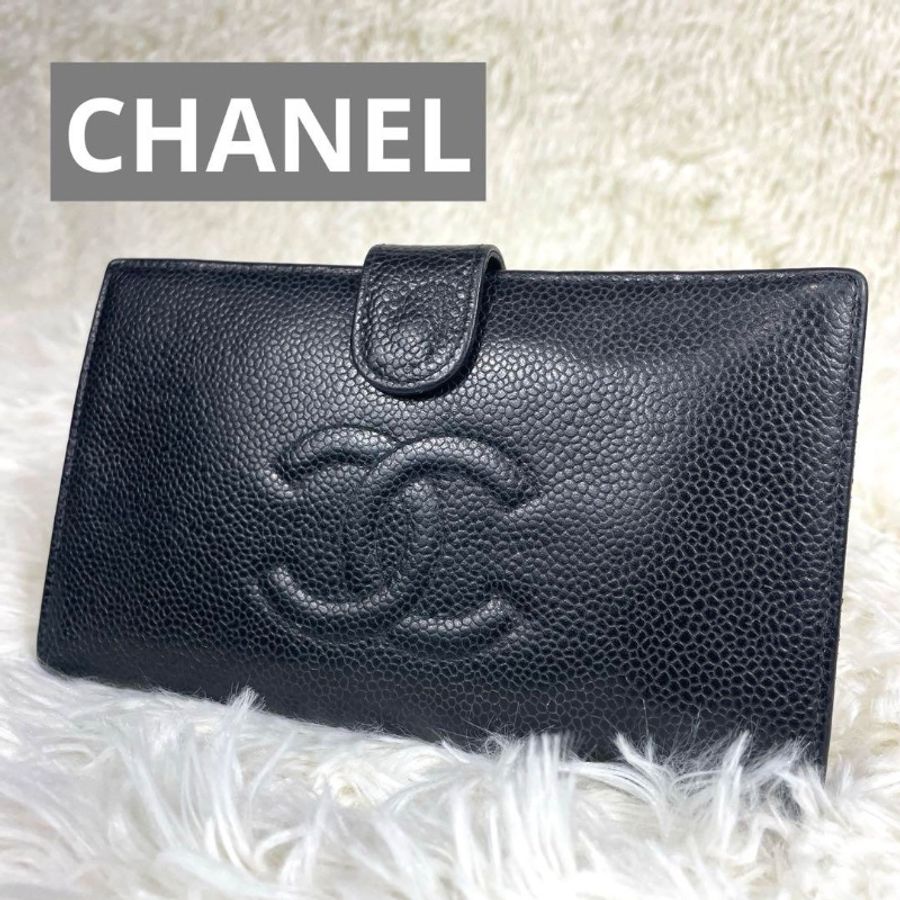 CHANEL 香奈兒 雙C Logo 荔枝皮 口金 長夾 黑色-0