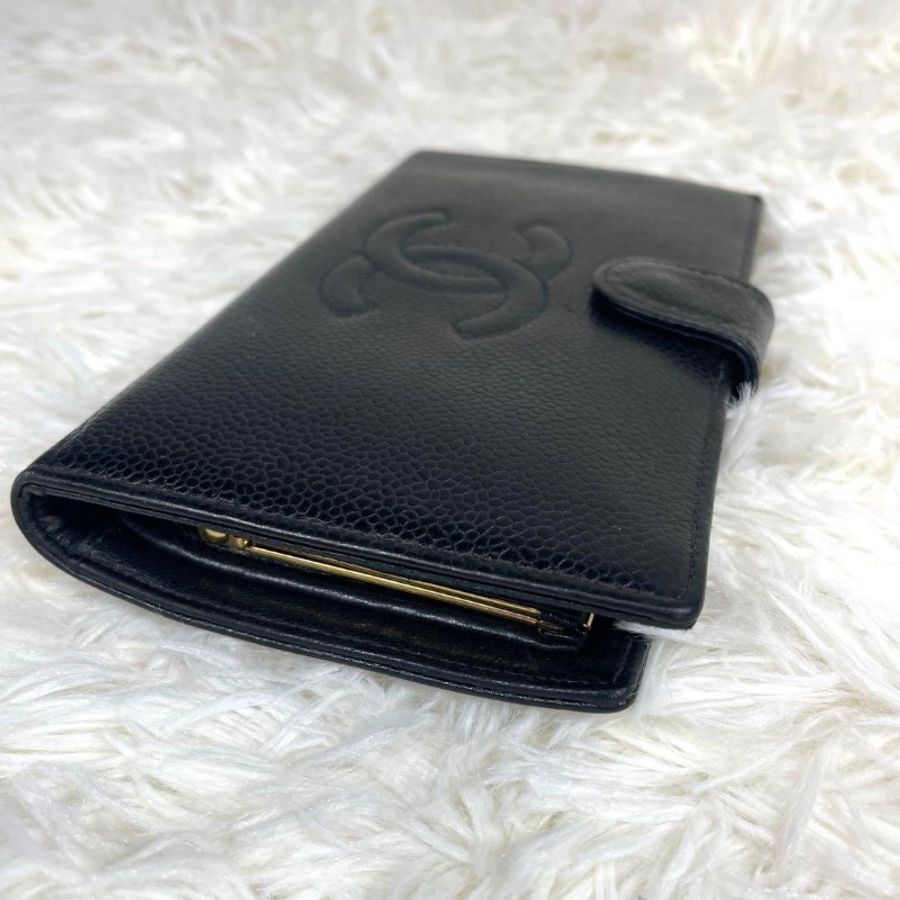 CHANEL 香奈兒 雙C Logo 荔枝皮 口金 長夾 黑色-2