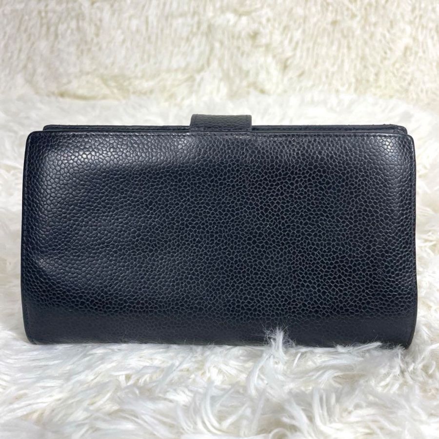 CHANEL 香奈兒 雙C Logo 荔枝皮 口金 長夾 黑色-4