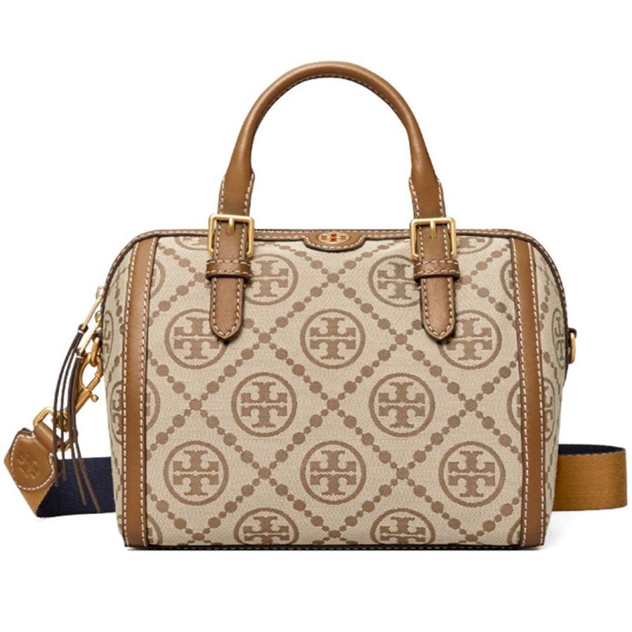 Tory Burch 織布拼接皮革波士頓包-卡其-0