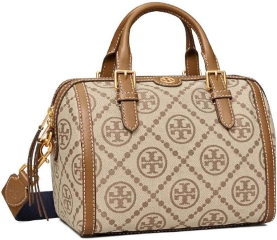 Tory Burch 織布拼接皮革波士頓包-卡其-1