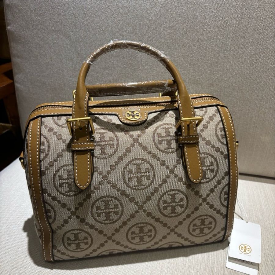Tory Burch 織布拼接皮革波士頓包-卡其-5