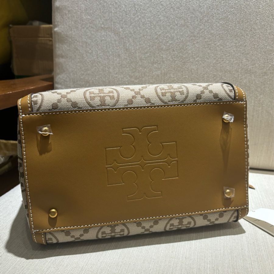 Tory Burch 織布拼接皮革波士頓包-卡其-7