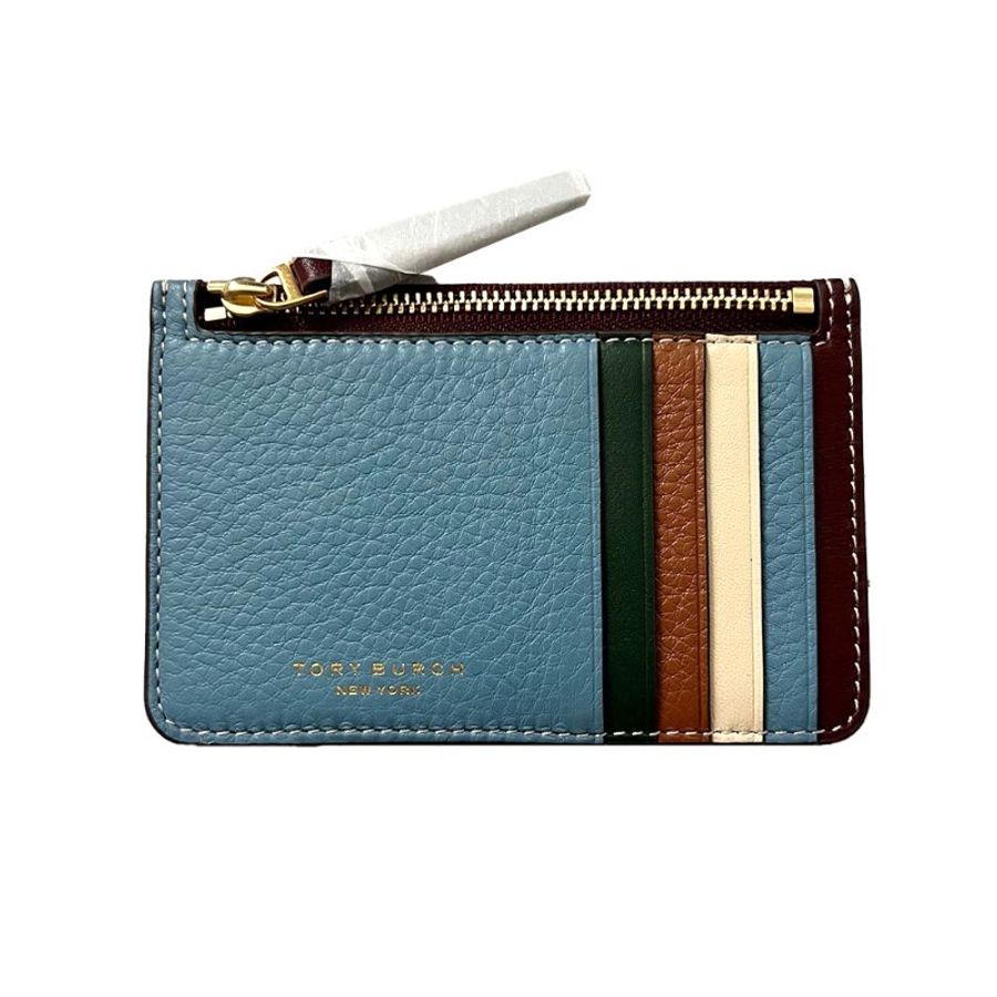 【TORY BURCH】拼接皮革卡片零錢包-藍色撞色-0
