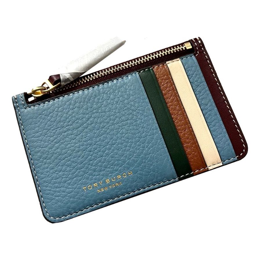 【TORY BURCH】拼接皮革卡片零錢包-藍色撞色-4