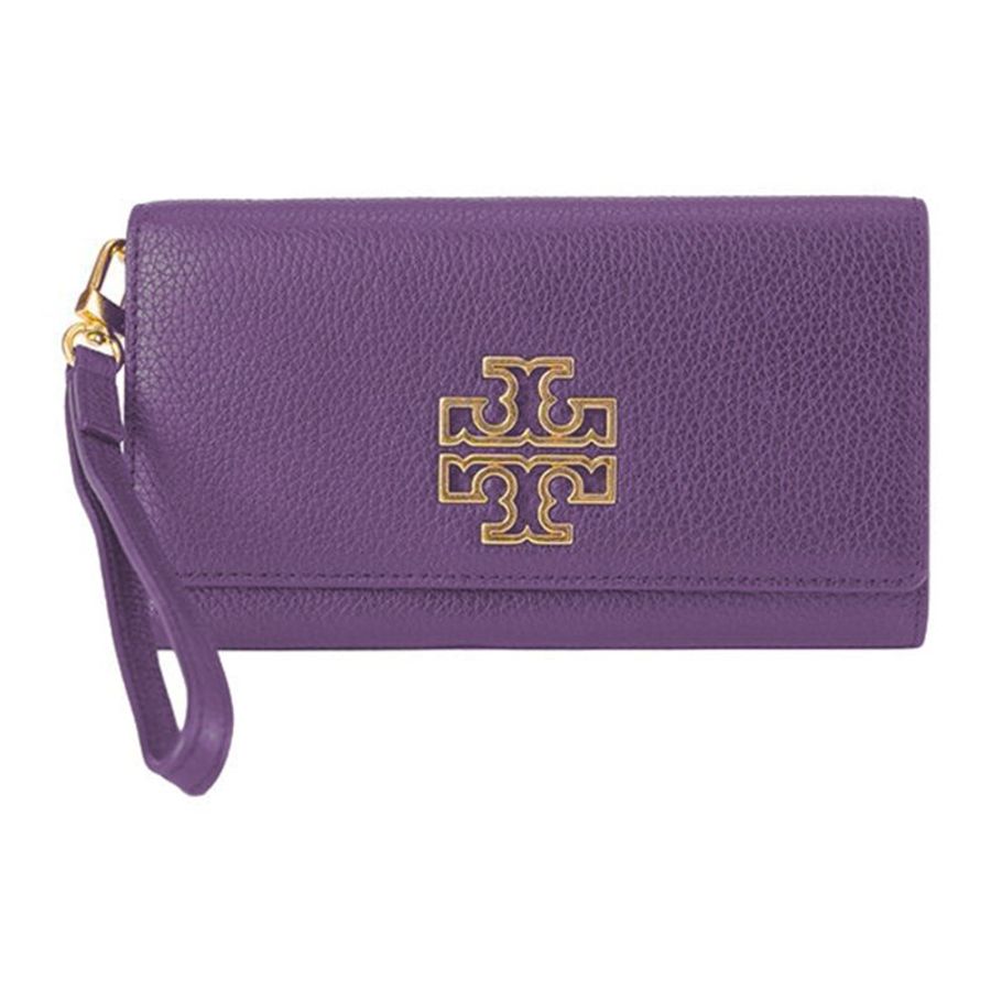 【TORY BURCH】雙T-LOGO皮革翻蓋手拿包長夾-深葡萄紫-0
