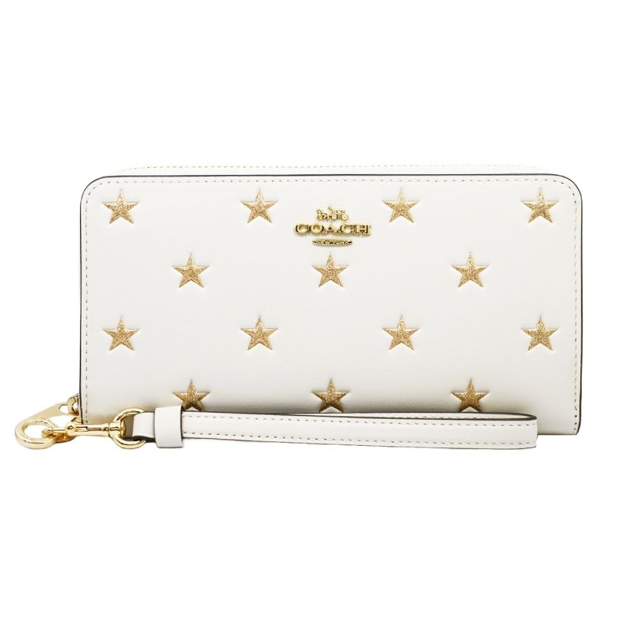 COACH 經典馬車LOGO 金色星星印花圖案 12卡拉鍊長夾 白色-0