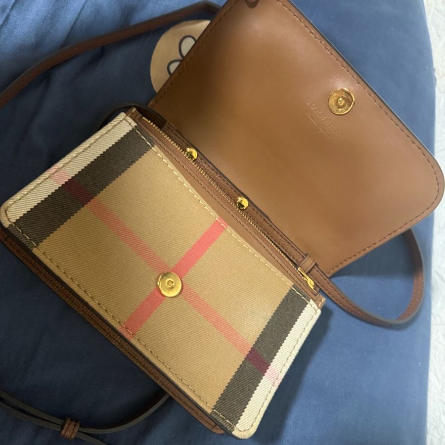 BURBERRY 巴寶莉 英系經典棉麻格紋拼接手機多卡零錢晚宴包斜背包-2
