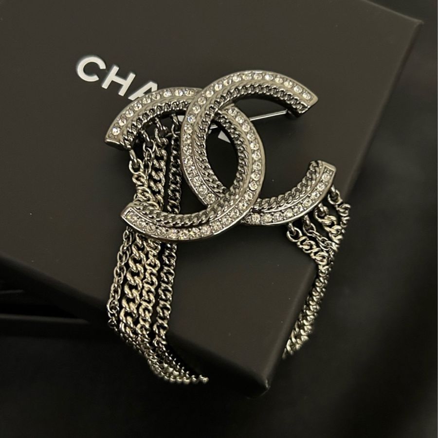 CHANEL 雙C大Logo流蘇 胸針 銀色 附件:盒子-2
