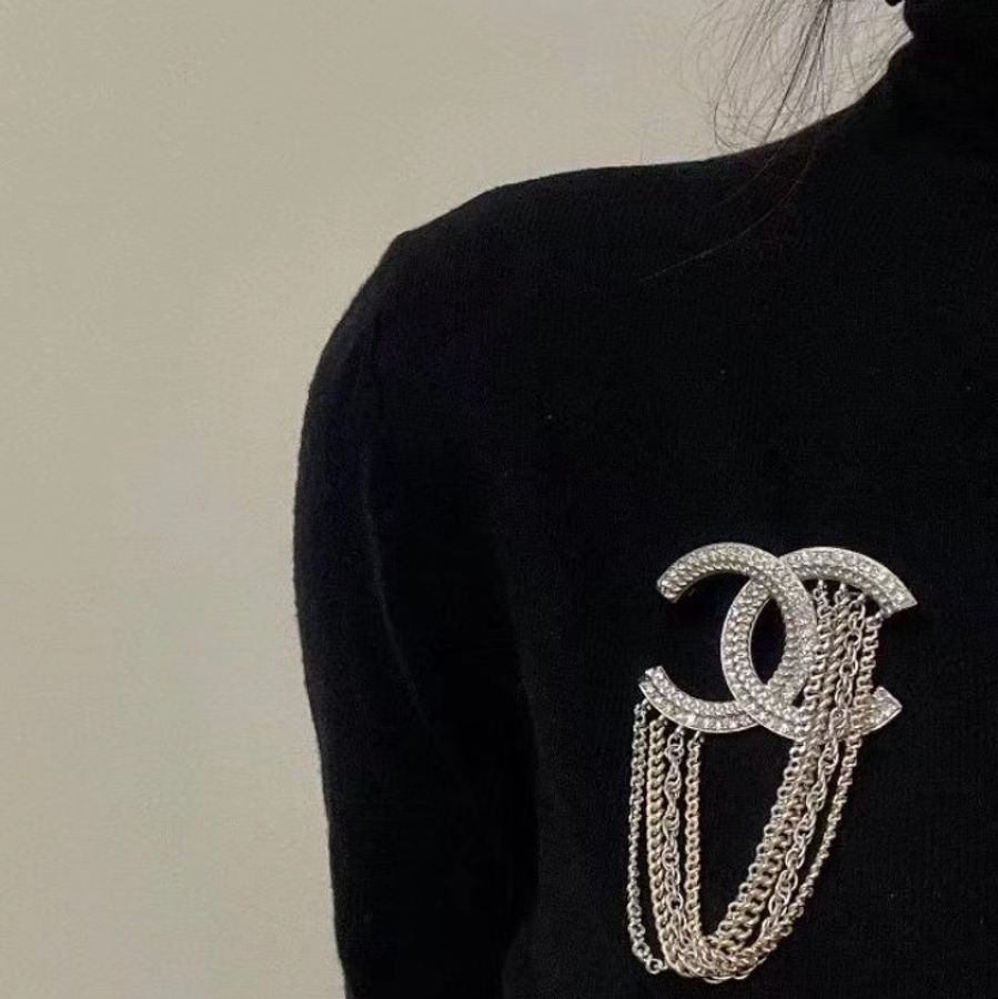 CHANEL 雙C大Logo流蘇 胸針 銀色 附件:盒子-3