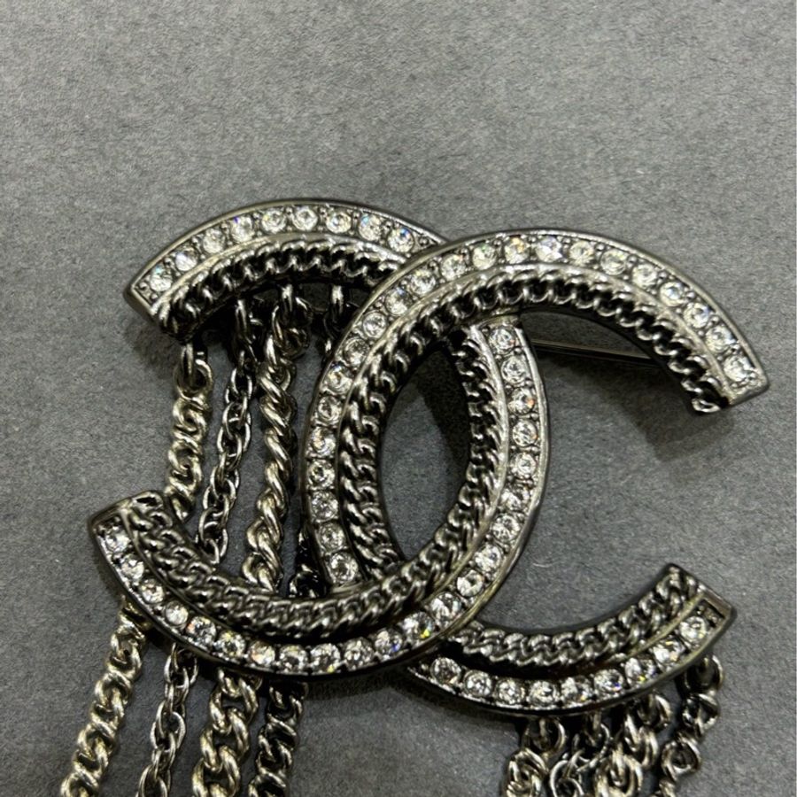 CHANEL 雙C大Logo流蘇 胸針 銀色 附件:盒子-4
