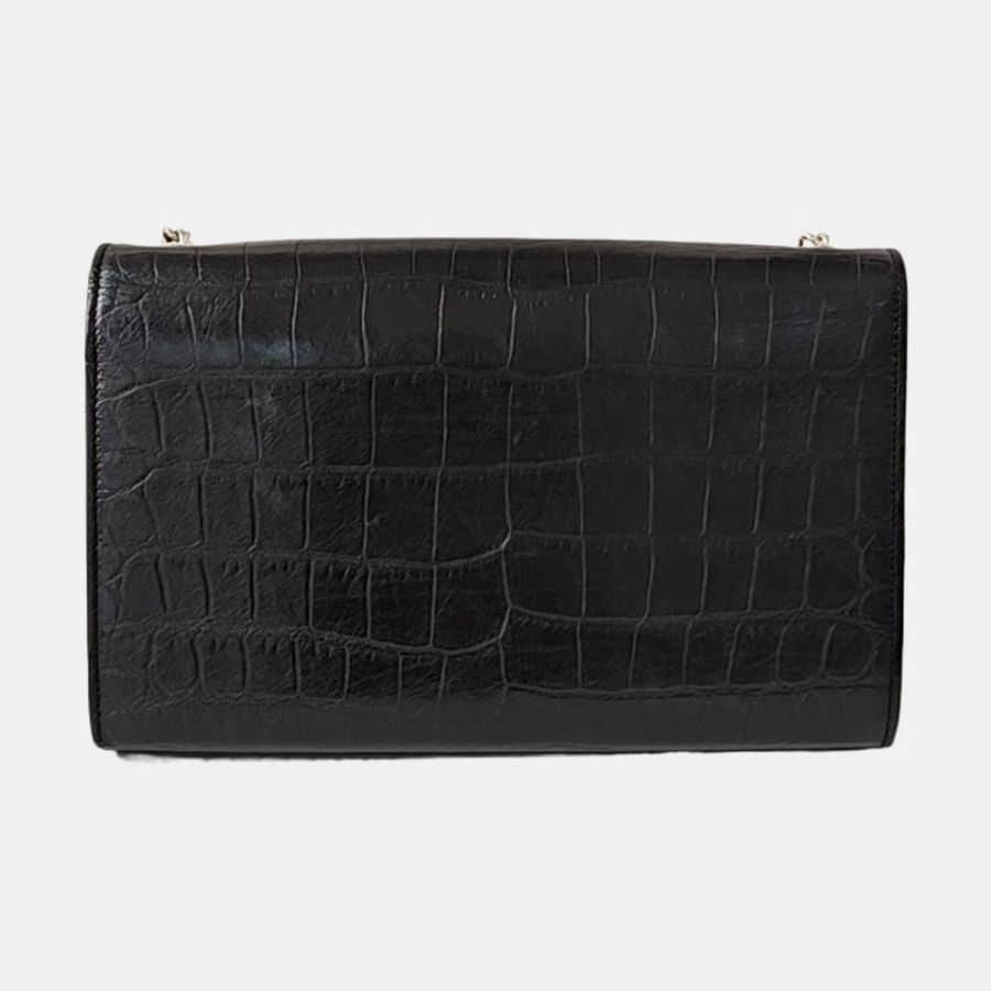 YSL KATE 中號 黑色牛皮流蘇鱷魚紋單肩包 銀色五金 9.8新-4