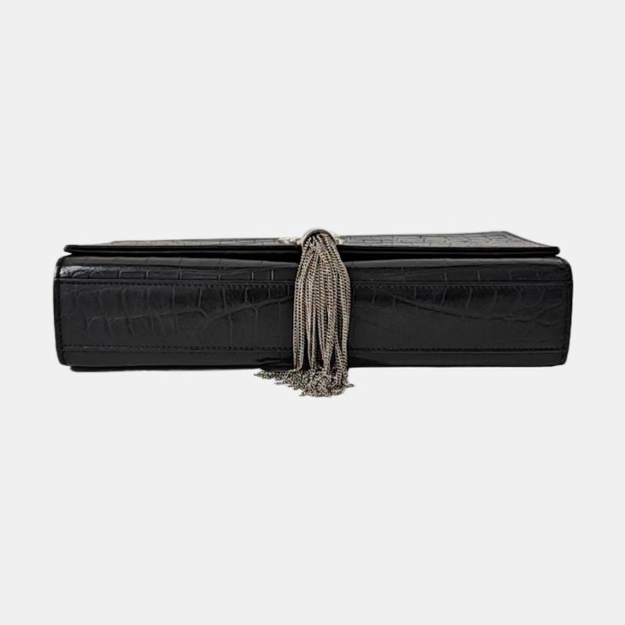 YSL KATE 中號 黑色牛皮流蘇鱷魚紋單肩包 銀色五金 9.8新-5