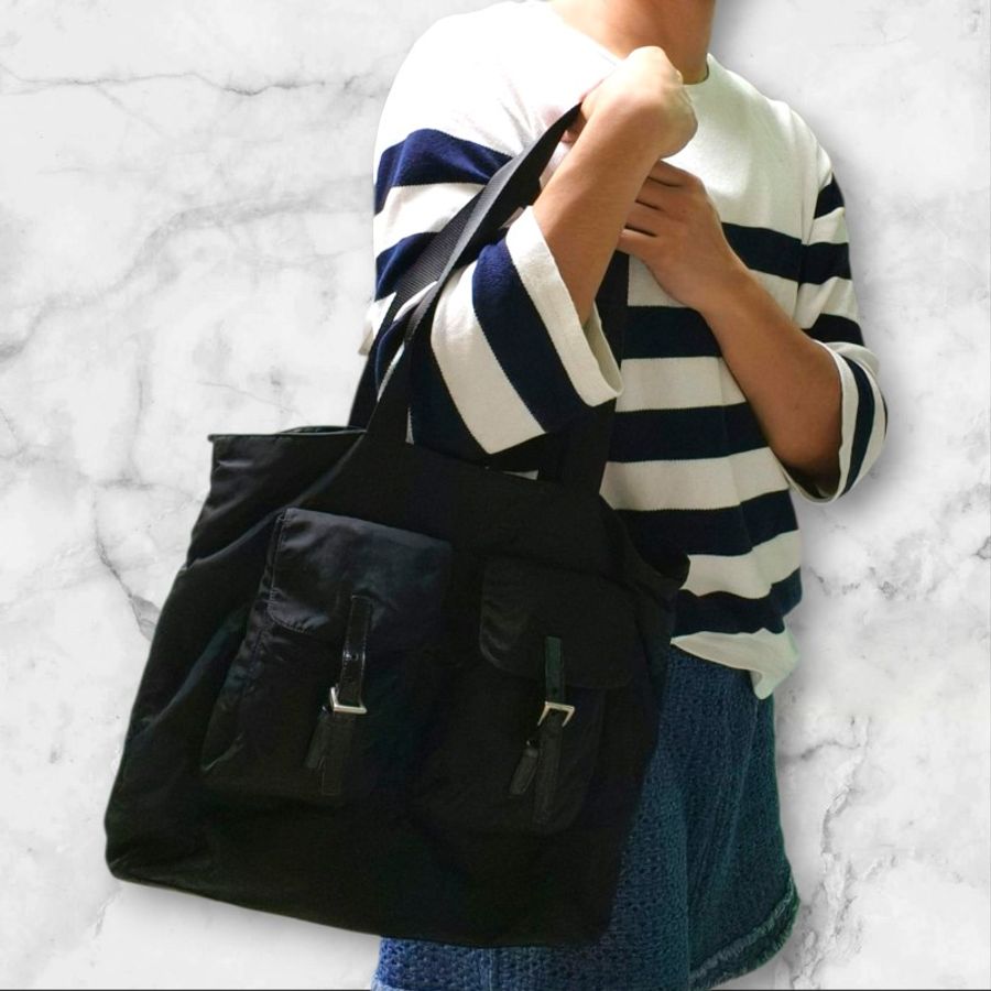 ㊣✨PRADA✨(附保卡)普拉達 黑色 輕量 帆布 皮革 雙口袋 托特包 文件包 通勤包/二手包/二手精品/保證正品🌳二手樹屋🌳-51