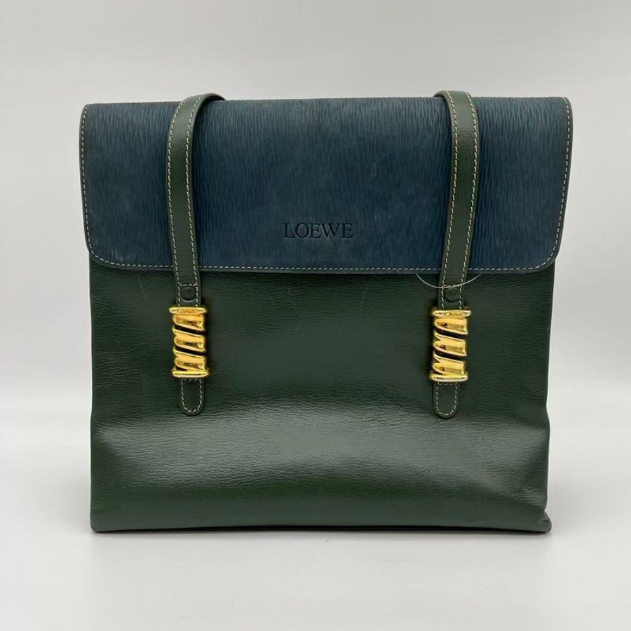 「JL精品代購」Loewe綠藍拼色蛇骨單肩公文包-0