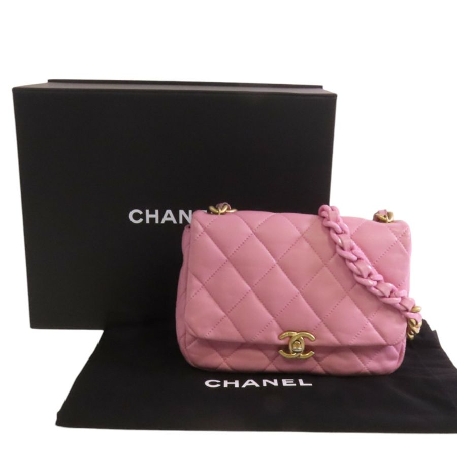 CHANEL 羊皮皮革Chain Shoulder金扣鏈帶肩背袋-9