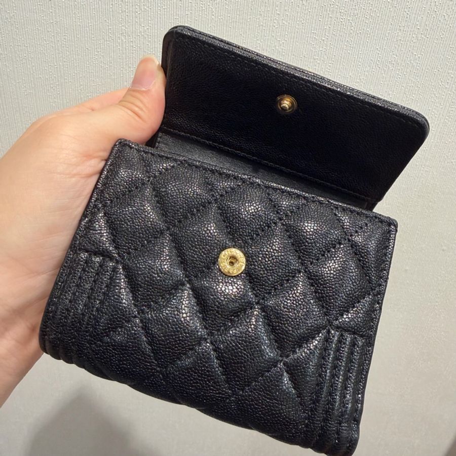 Chanel 香奈兒 荔枝牛皮 三折短夾 黑 霧金釦-16