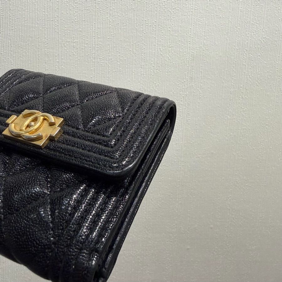 Chanel 香奈兒 荔枝牛皮 三折短夾 黑 霧金釦-17