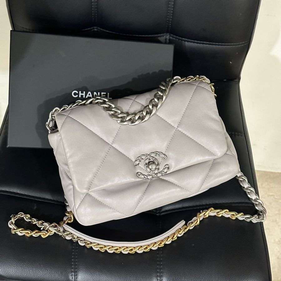 全新全配芯片款🌟#chanel #淺灰色 #銀扣 #19bag #小號-0