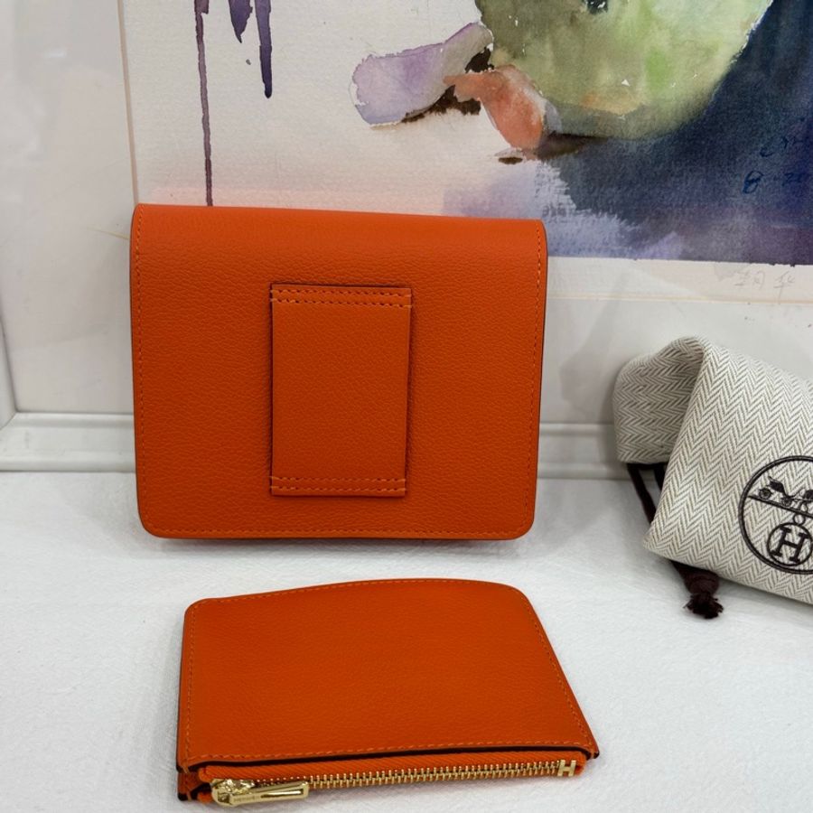 Hermes 愛馬仕 roulis slim 豬鼻子皮夾 橘色銀扣 evercolor皮 U刻 閒置-2