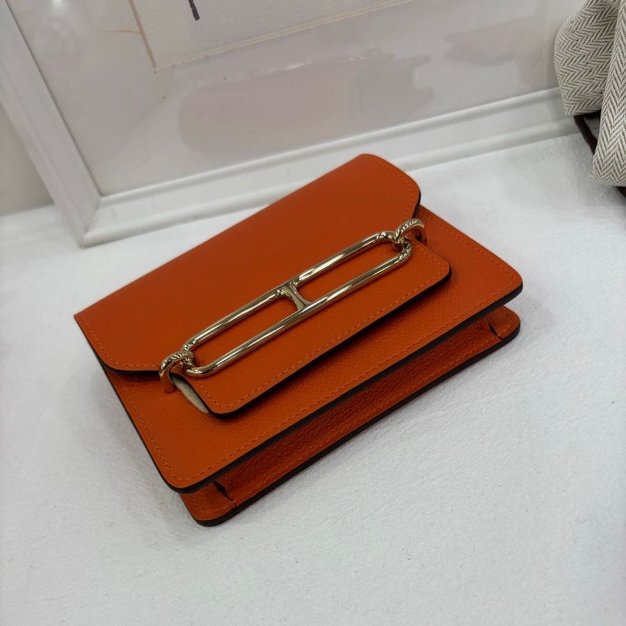 Hermes 愛馬仕 roulis slim 豬鼻子皮夾 橘色銀扣 evercolor皮 U刻 閒置-5
