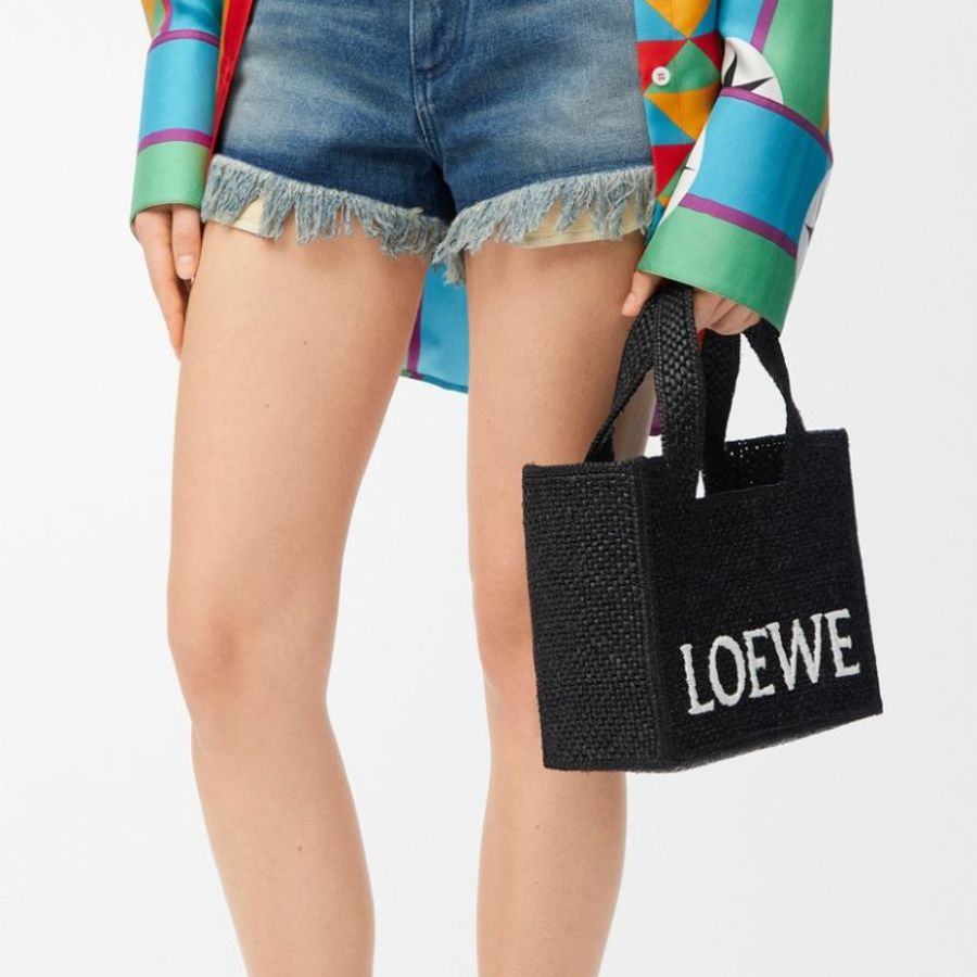 LOEWE 小型Font拉菲草編織托特包-12