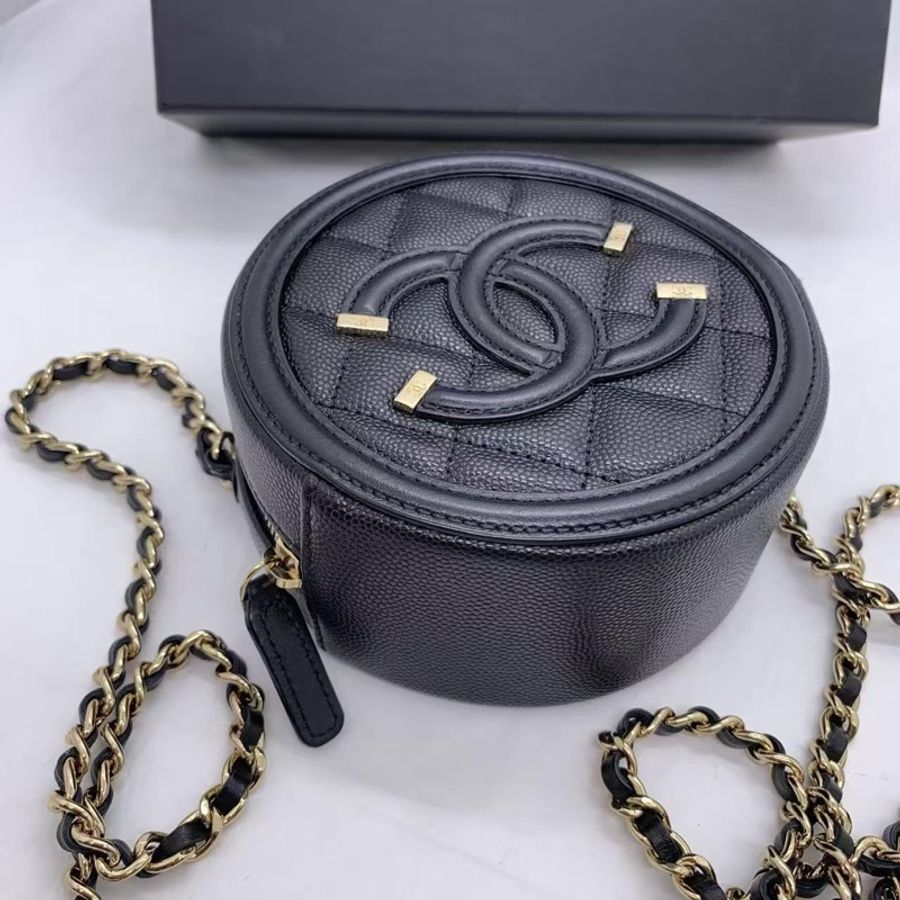 Chanel 香奈兒 圓餅黑色荔枝皮 鏈條包-5