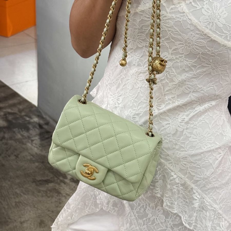 Chanel 香奈兒 菱格紋口蓋包 金球方胖子 蘋果綠金釦 斜背/單肩/ 手提-1