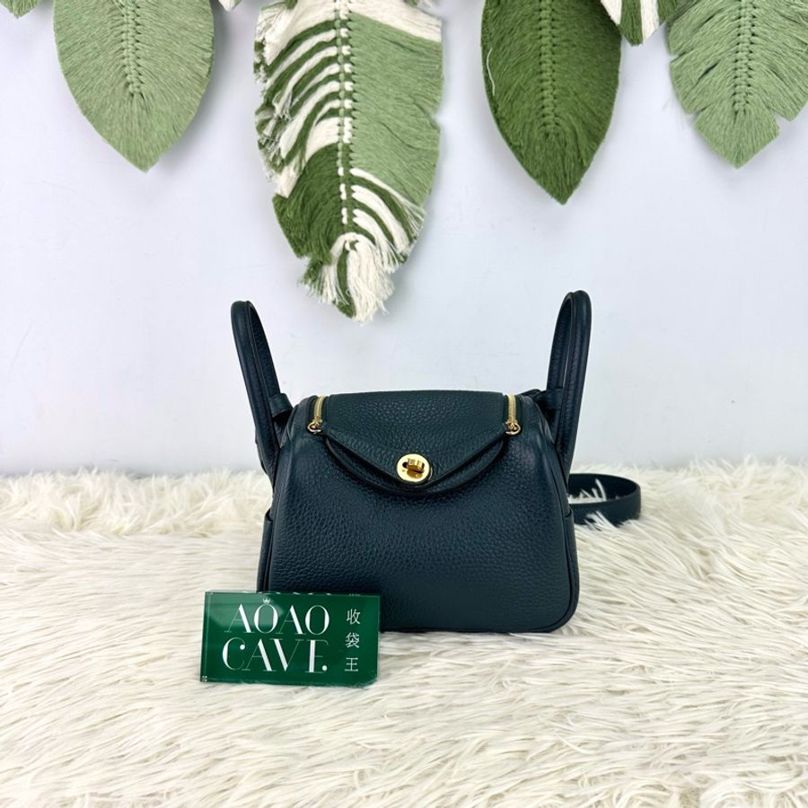 HERMES Mini Lindy 松柏綠色 U Stamp 斜肩包-0