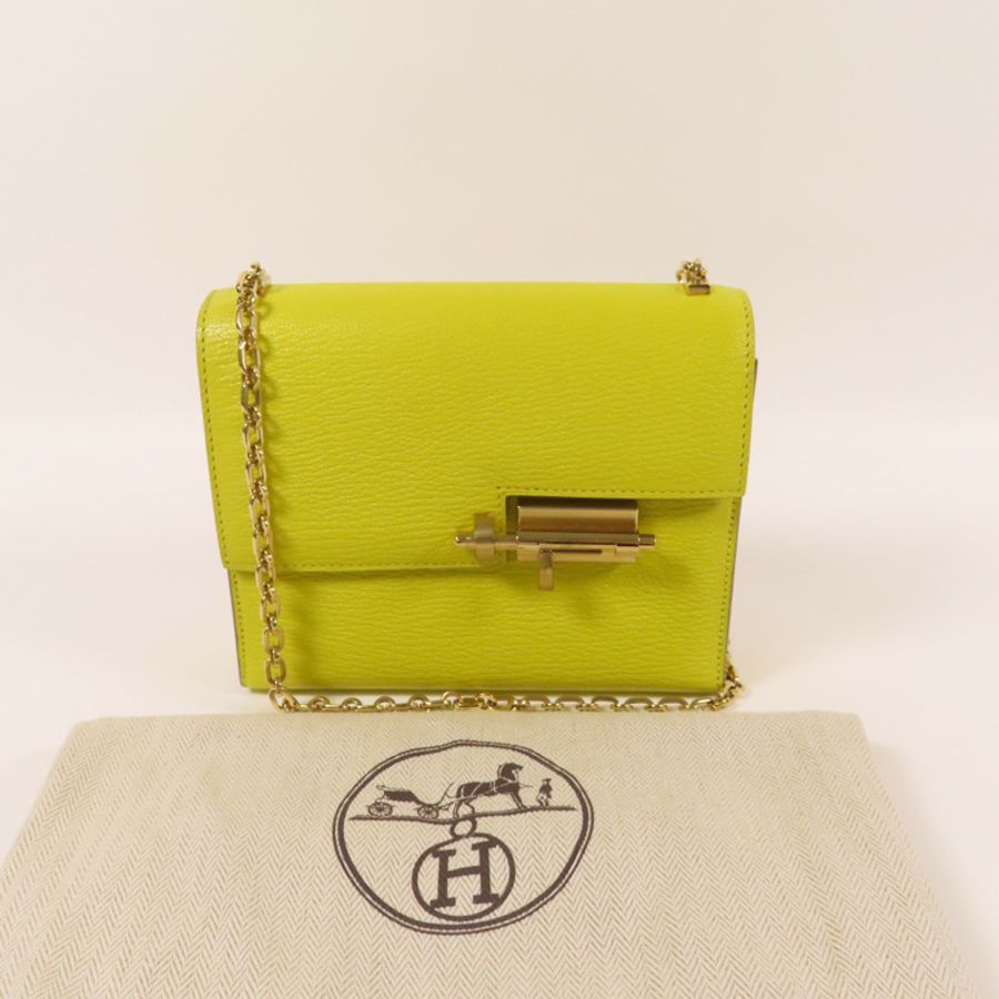 HERMES Chevre皮革Verrou Mini金扣鏈帶肩背袋Lime-9