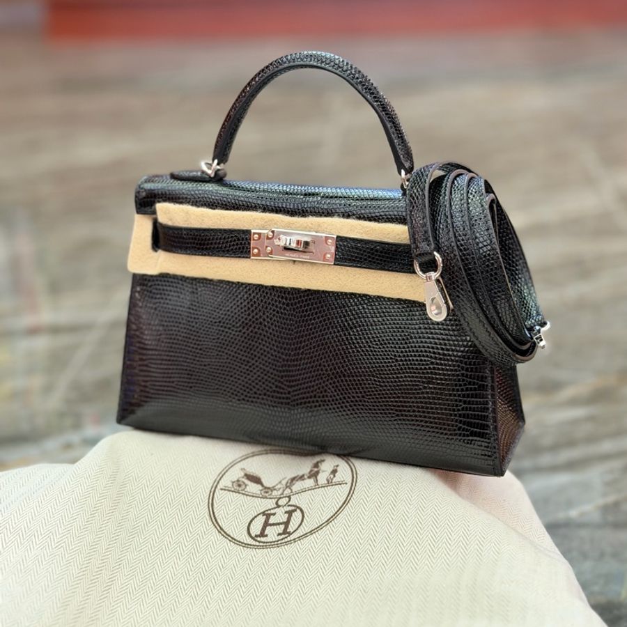 Brand new hermes mini kelly noir lizard phw stamp k -0