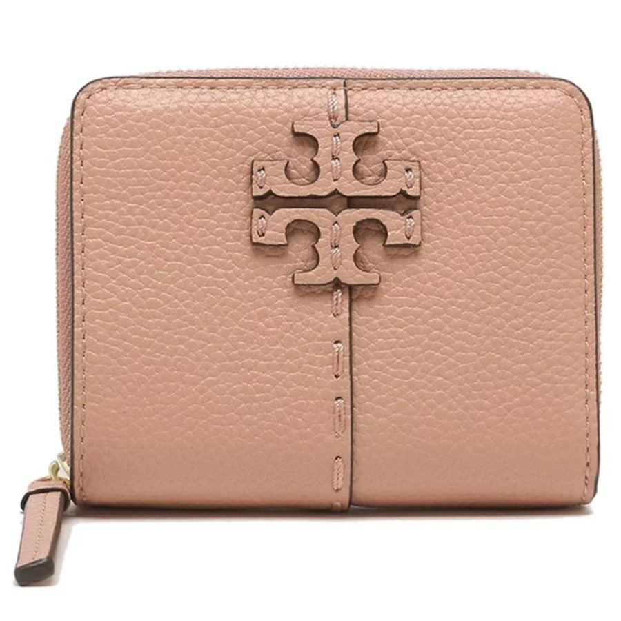 【TORY BURCH】簡約皮革對折短夾-粉紅色-4