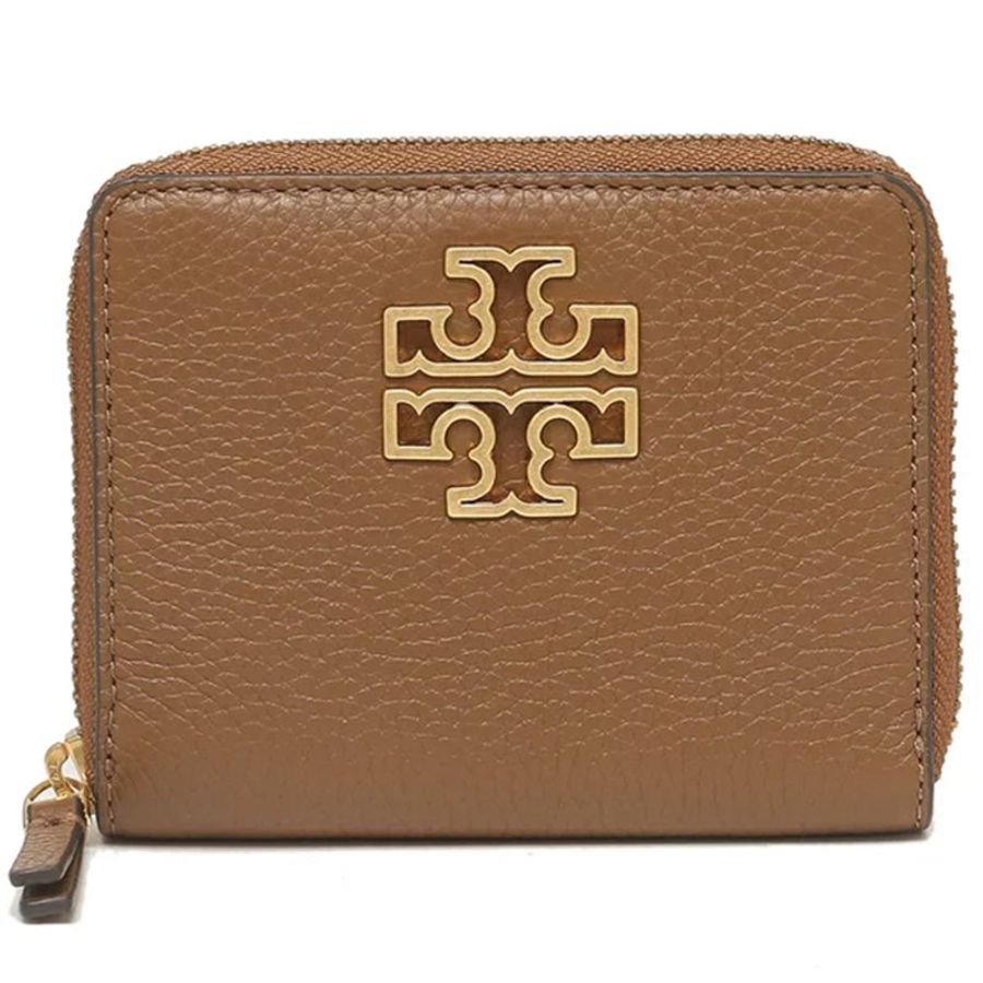 【TORY BURCH】雙T-LOGO素面扣式皮革短夾-駝色-4