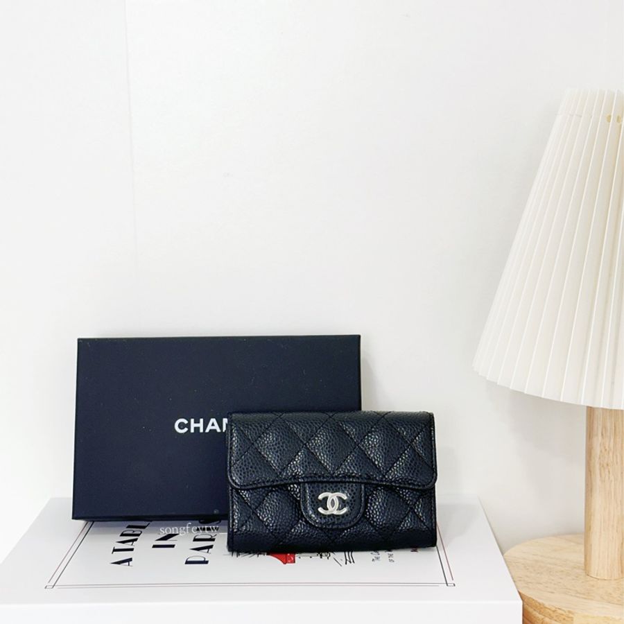 Chanel 黑銀 荔紋小牛皮 信封卡包-0